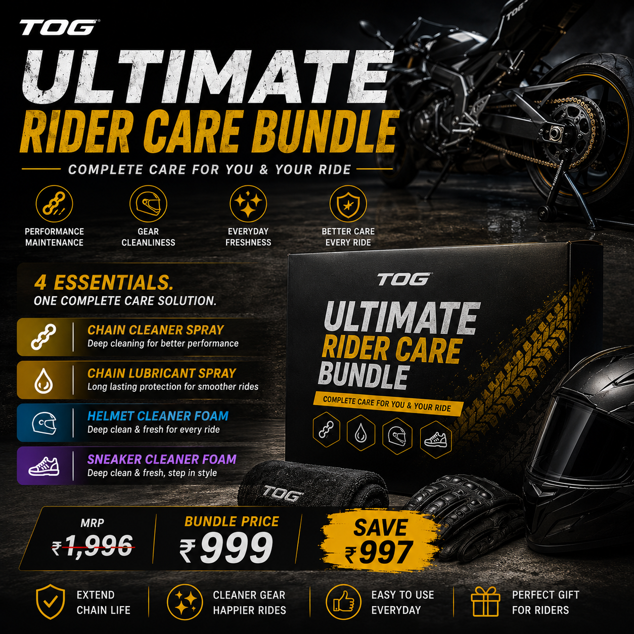 TOG Ultimate Rider Care Bundle – Helmet, Sneaker & Chain Care Kit